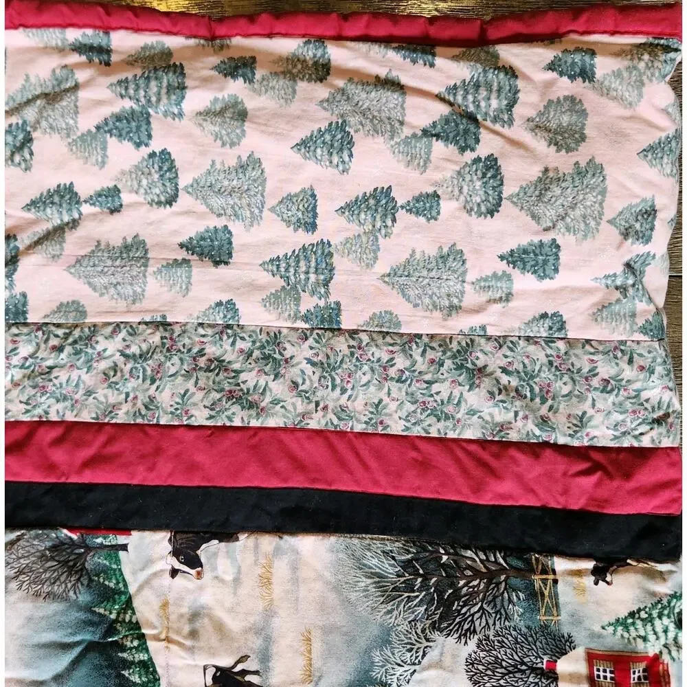 Handmade Christmas Quilt Snowy Farmhouse Red Barn Church Steeple Cows 77x66